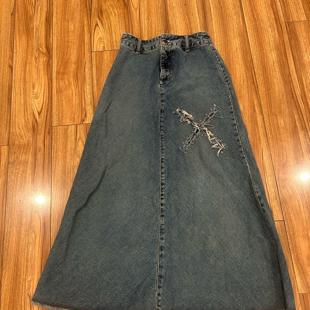 Denim Maxi Skirt with Distressed Detail